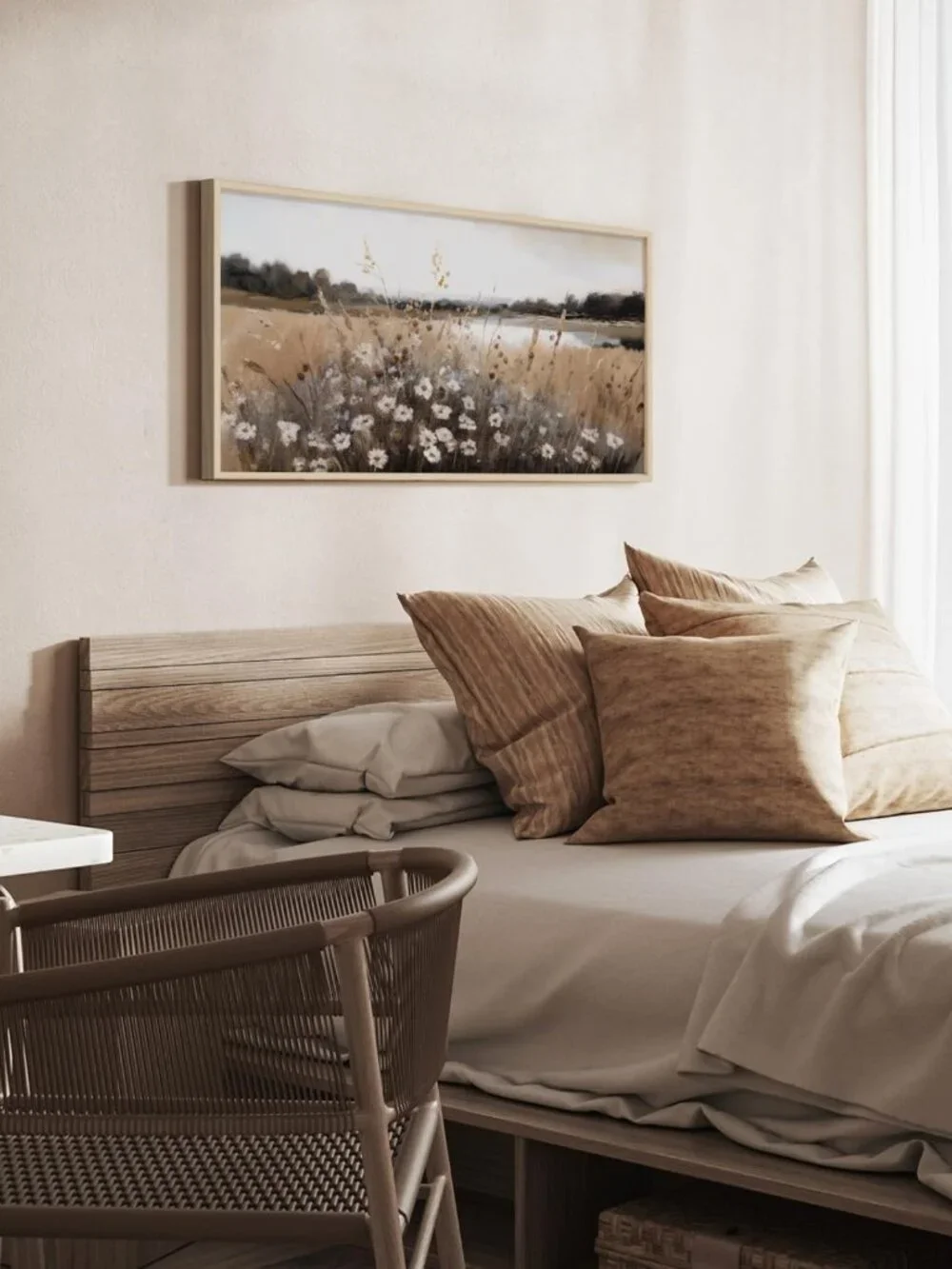 Large Framed Canvas Wall Art 20x40in, Fall Wildflower Landscape, Neutral Decor
